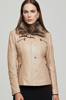 Belinda Women's Beige Leather Jacket with Fur Collar | Derimod