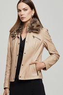 Belinda Women's Beige Leather Jacket with Fur Collar | Derimod