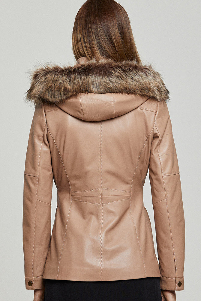 Lavinia Women's Beige Hooded Fur Leather Coat
