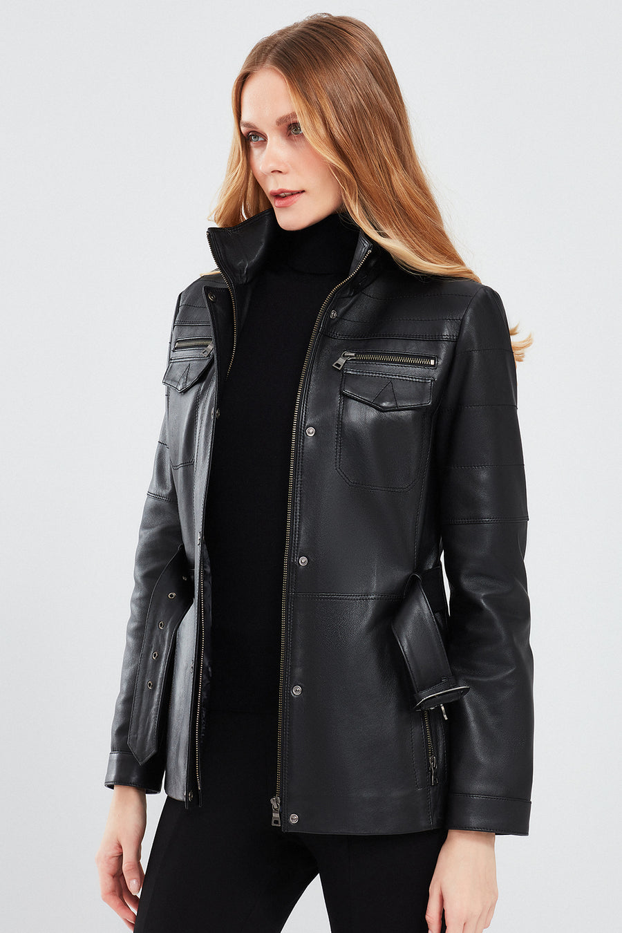 Lavinia Women's Black Hooded Fur Leather Coat