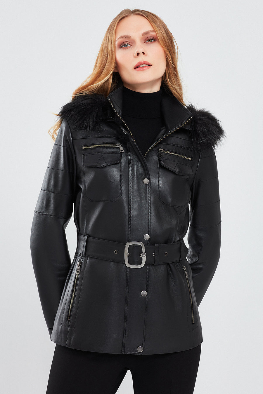 Lavinia Women's Black Hooded Fur Leather Coat