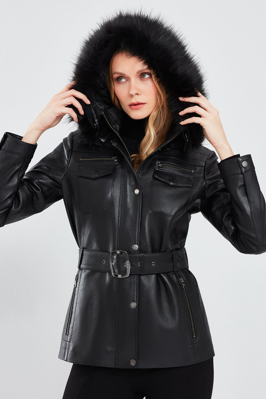 Lavinia Women's Black Hooded Fur Leather Coat