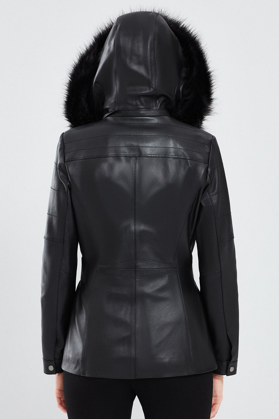 Lavinia Women's Black Hooded Fur Leather Coat