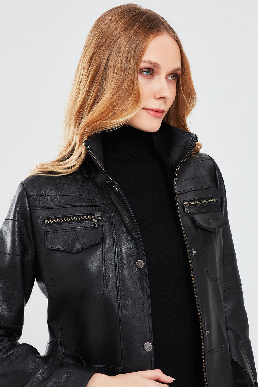 Lavinia Women's Black Hooded Fur Leather Coat