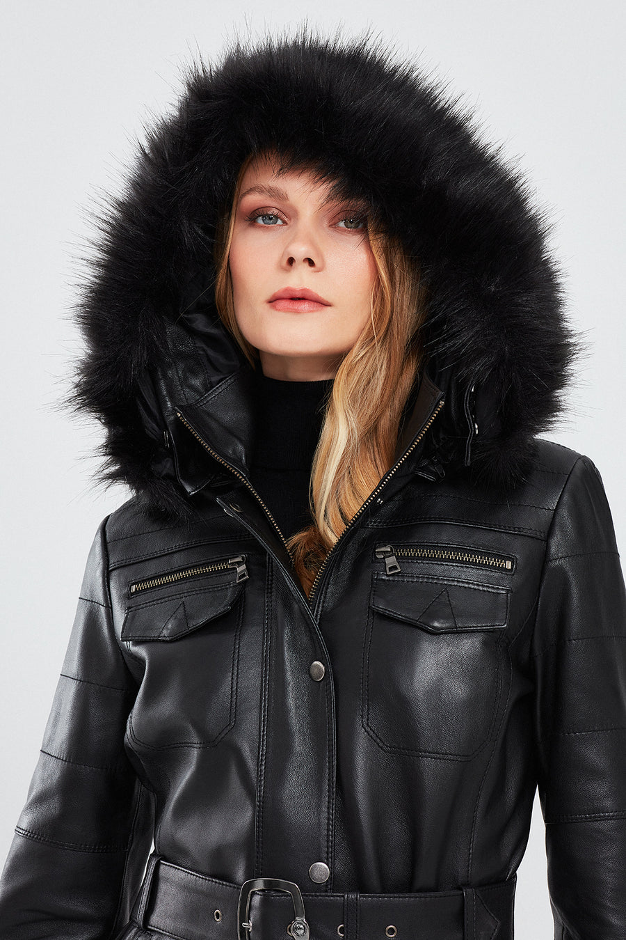 Lavinia Women's Black Hooded Fur Leather Coat