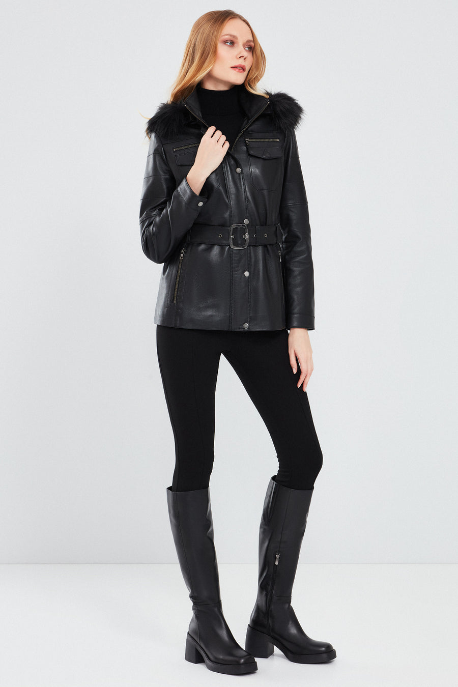 Lavinia Women's Black Hooded Fur Leather Coat