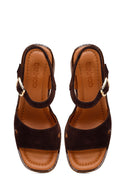 Woman Brown Ankle-Buckle Chunky-Heel Suede Leather Sandals | Derimod