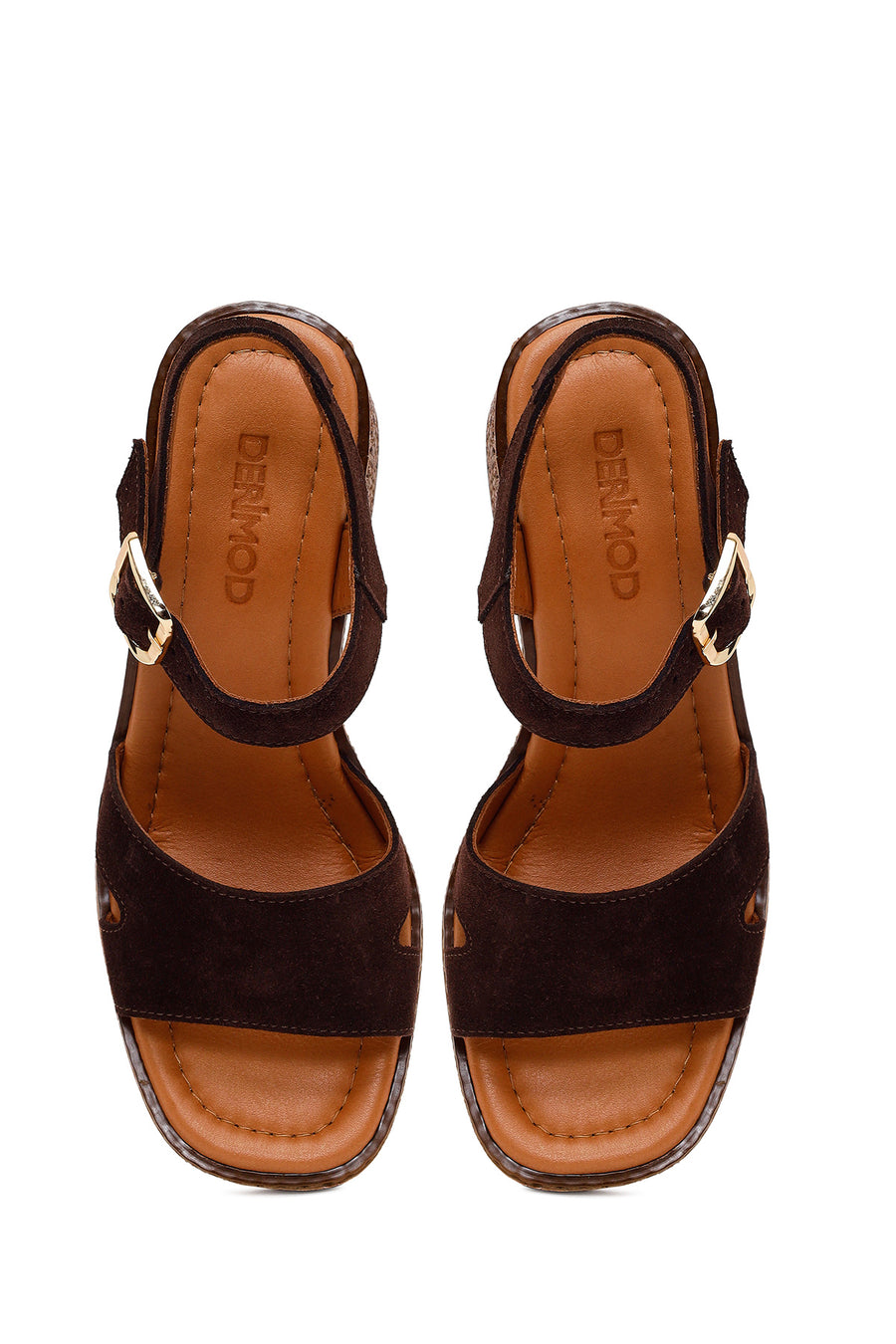 Woman Brown Ankle-Buckle Chunky-Heel Suede Leather Sandals