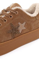 Kadın Camel Bağcıklı Kalın Tabanlı Süet Deri Teddy Sneaker | Derimod