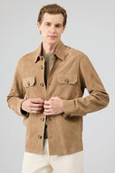 Osimhen Men's Beige Shirt Collar Suede Leather Jacket | Derimod