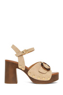 Woman Beige Buckled Ankle Platform Chunky High-Heel Suede Sandals | Derimod
