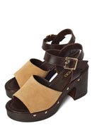 Woman Beige Ankle-Strap Buckled Thick-Heeled Suede Leather Sandals | Derimod