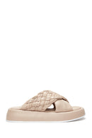 Women's Beige Leather Braided Thick Soled Slippers | Derimod