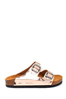 Women's Pink Leather Double Buckle Casual Flat Slippers | Derimod
