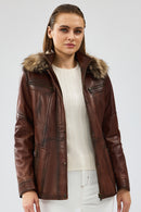 Rebecca Women's Brown Hooded Furry Leather Jacket | Derimod
