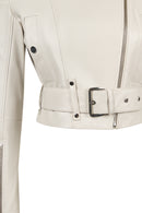 Avanti Woman Beige Off-Shoulder Short Biker Leather Jacket | Derimod