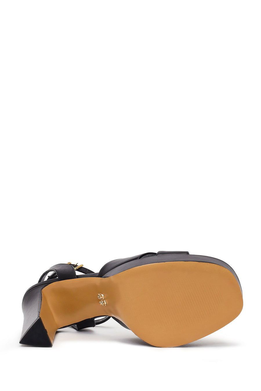 Woman Black Ankle-Buckle Platform High Chunky Heel Leather Sandal