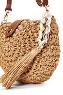 Women's Beige Straw Crossbody Bag with Shell Accessories | Derimod