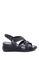 Women's Black Leather Comfort Wedge Heel Sandals | Derimod