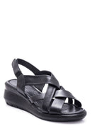 Women's Black Leather Comfort Wedge Heel Sandals | Derimod