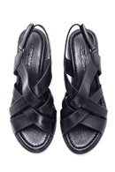 Women's Black Leather Comfort Wedge Heel Sandals | Derimod