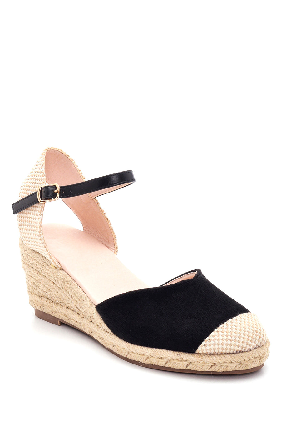 Women's Black Suede Wedge Heel Espadrille Sandals