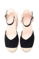 Women's Black Suede Wedge Heel Espadrille Sandals | Derimod