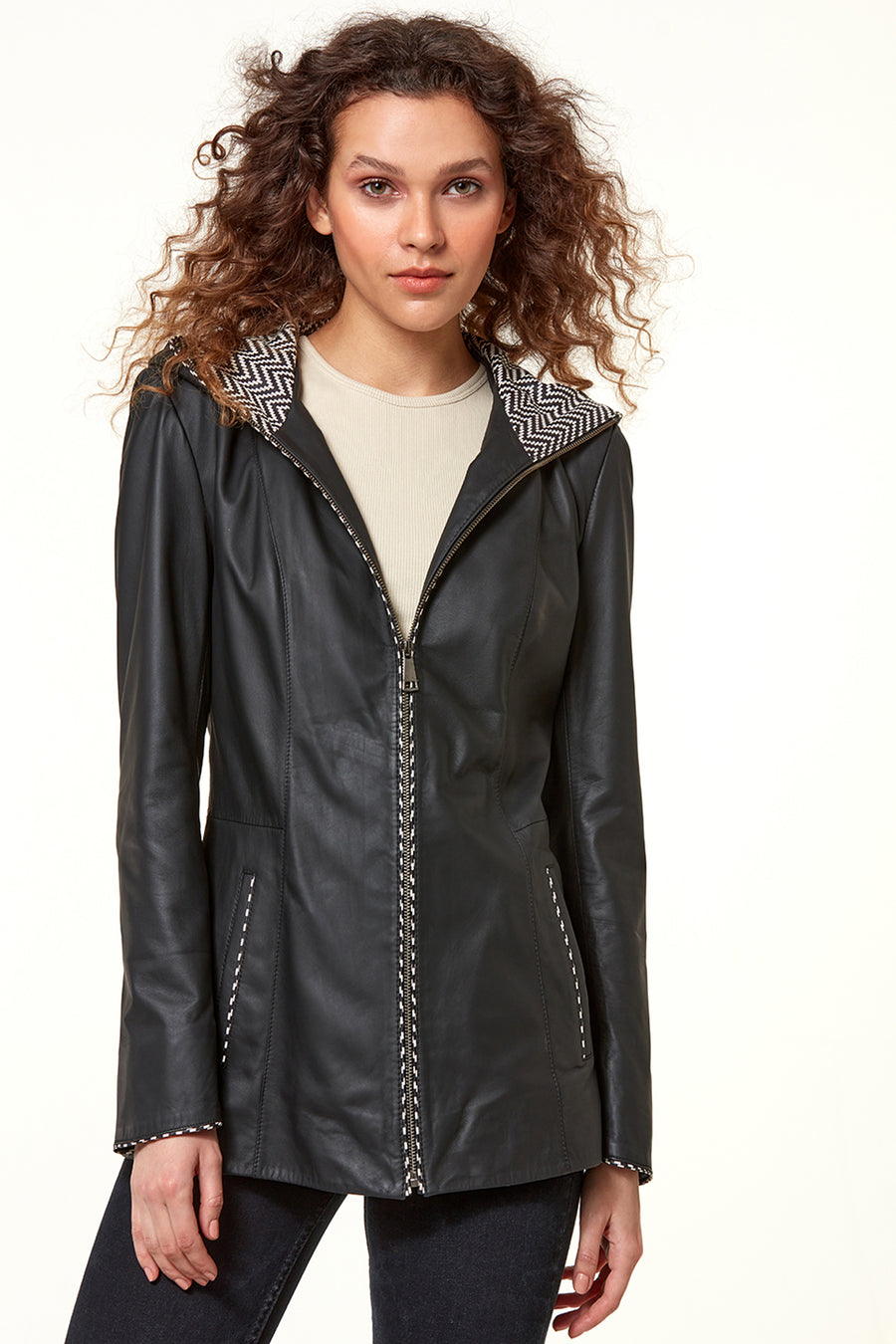 Pamela Women's Black Hooded Long Leather Jacket