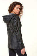 Pamela Women's Black Hooded Long Leather Jacket | Derimod