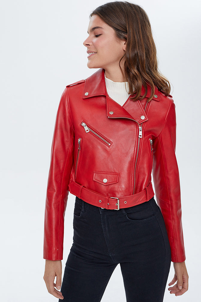 Star Women's Red Short Leather Biker Jacket