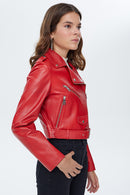 Star Women's Red Short Leather Biker Jacket | Derimod