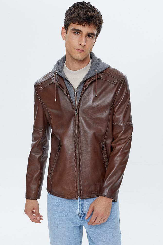 Danny Men's Cognac Hooded Sports Leather Jacket 22SGE643447 | Derimod