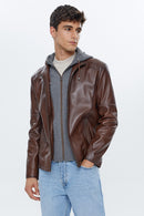 Danny Men's Cognac Hooded Sports Leather Jacket | Derimod