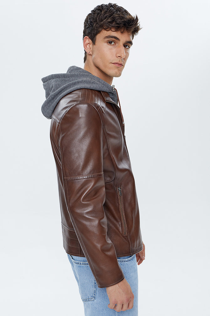 Danny Men's Cognac Hooded Sports Leather Jacket