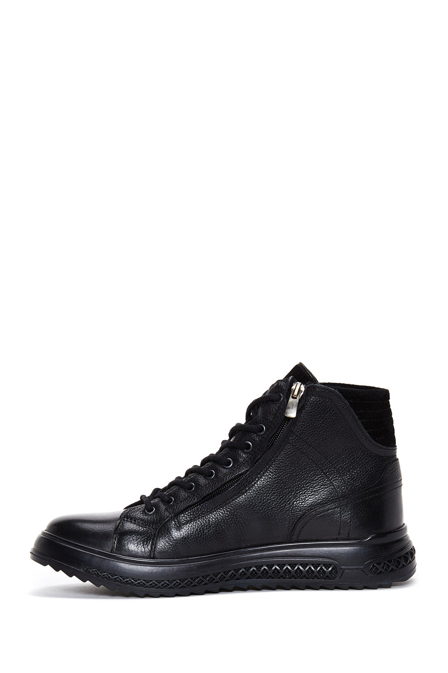 Men's Black Zippered Leather Flat Boots