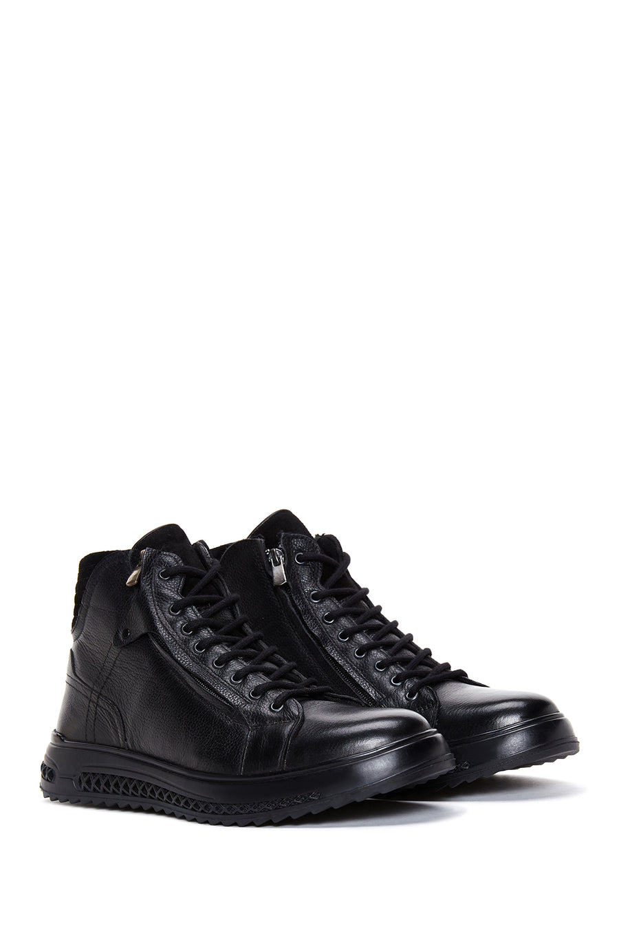 Men's Black Zippered Leather Flat Boots