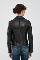 Olivia Women's Black Stretch-Fit Leather Jacket | Derimod