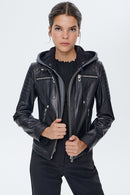 Zoom Women's Black Hooded Sports Leather Jacket | Derimod