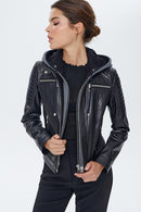 Zoom Women's Black Hooded Sports Leather Jacket | Derimod