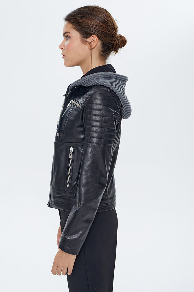 Zoom Women's Black Hooded Sports Leather Jacket