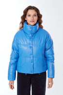 Barcelona Women's Blue Puffer Leather Coat | Derimod