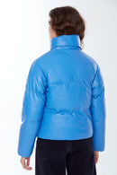 Barcelona Women's Blue Puffer Leather Coat | Derimod