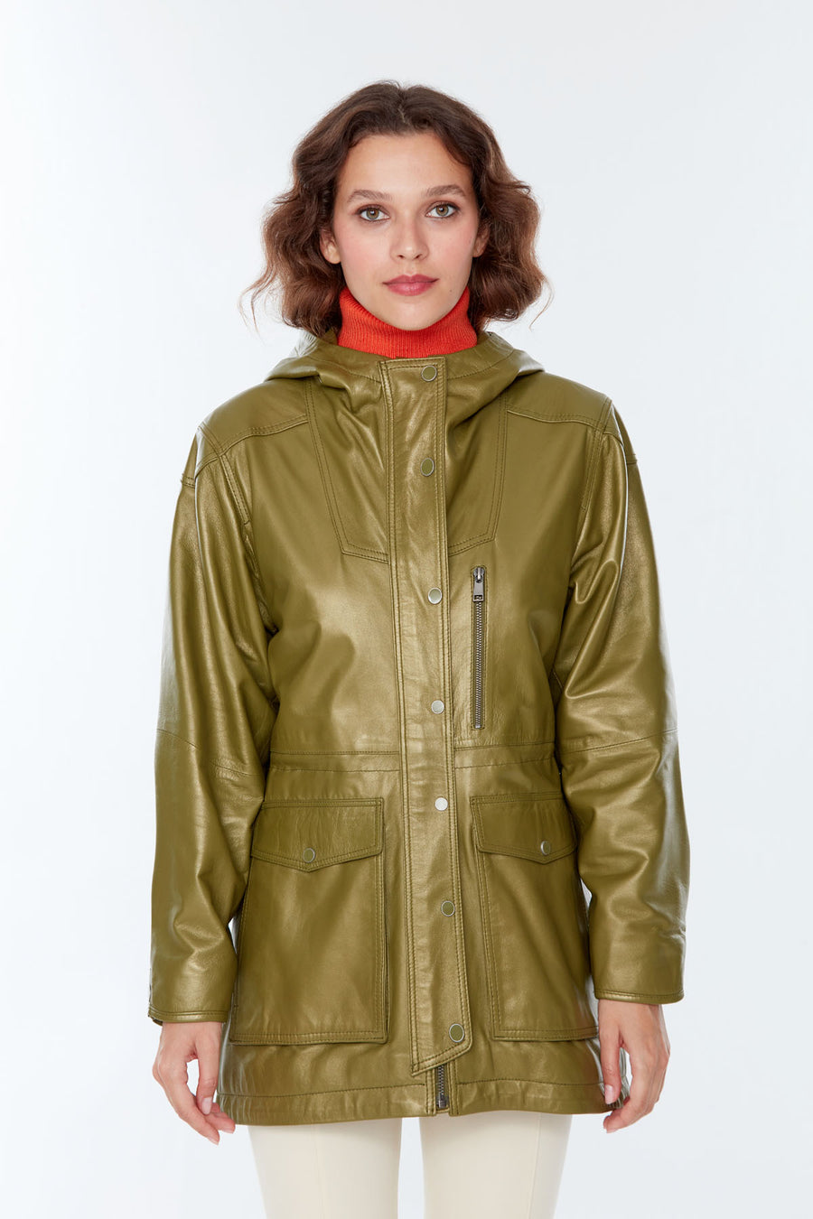 Victoria Women's Khaki Hooded Leather Coat