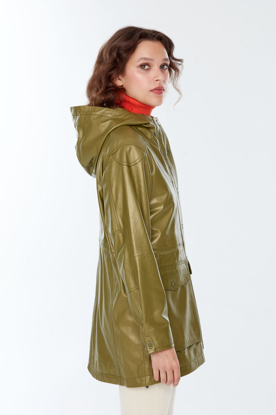 Victoria Women's Khaki Hooded Leather Coat