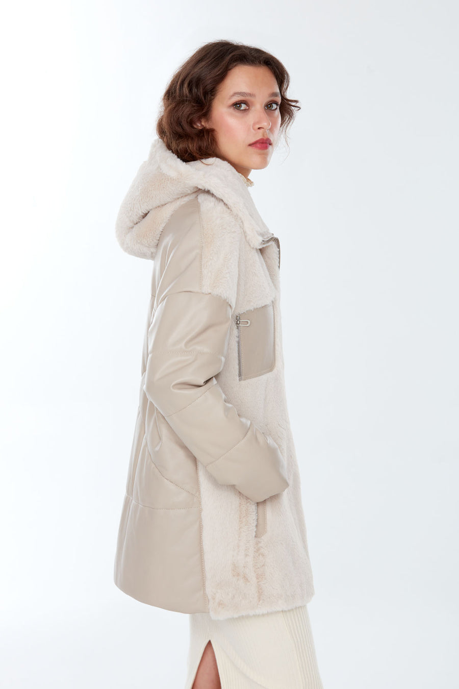 Chamonix Women's Beige Hooded Teddy Leather Coat