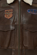 Top Gun Women's Brown Embroidered Leather Pilot Coat with Fur Collar | Derimod