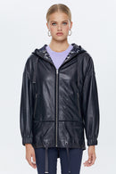 Valeria Women's Black Hooded Leather Coat | Derimod