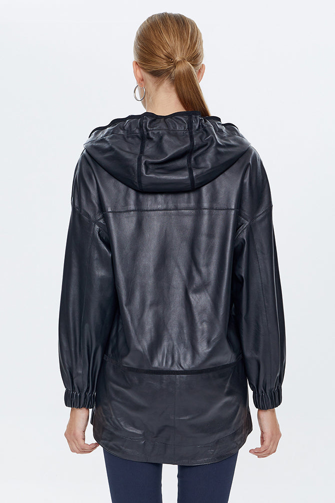 Valeria Women's Black Hooded Leather Coat