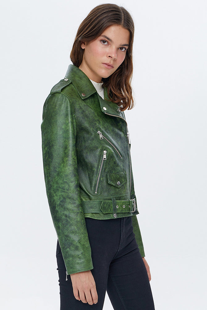 Newage Women's Green Leather Short Biker Jacket