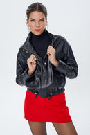 Flora Women's Black Oversize Leather Jacket | Derimod